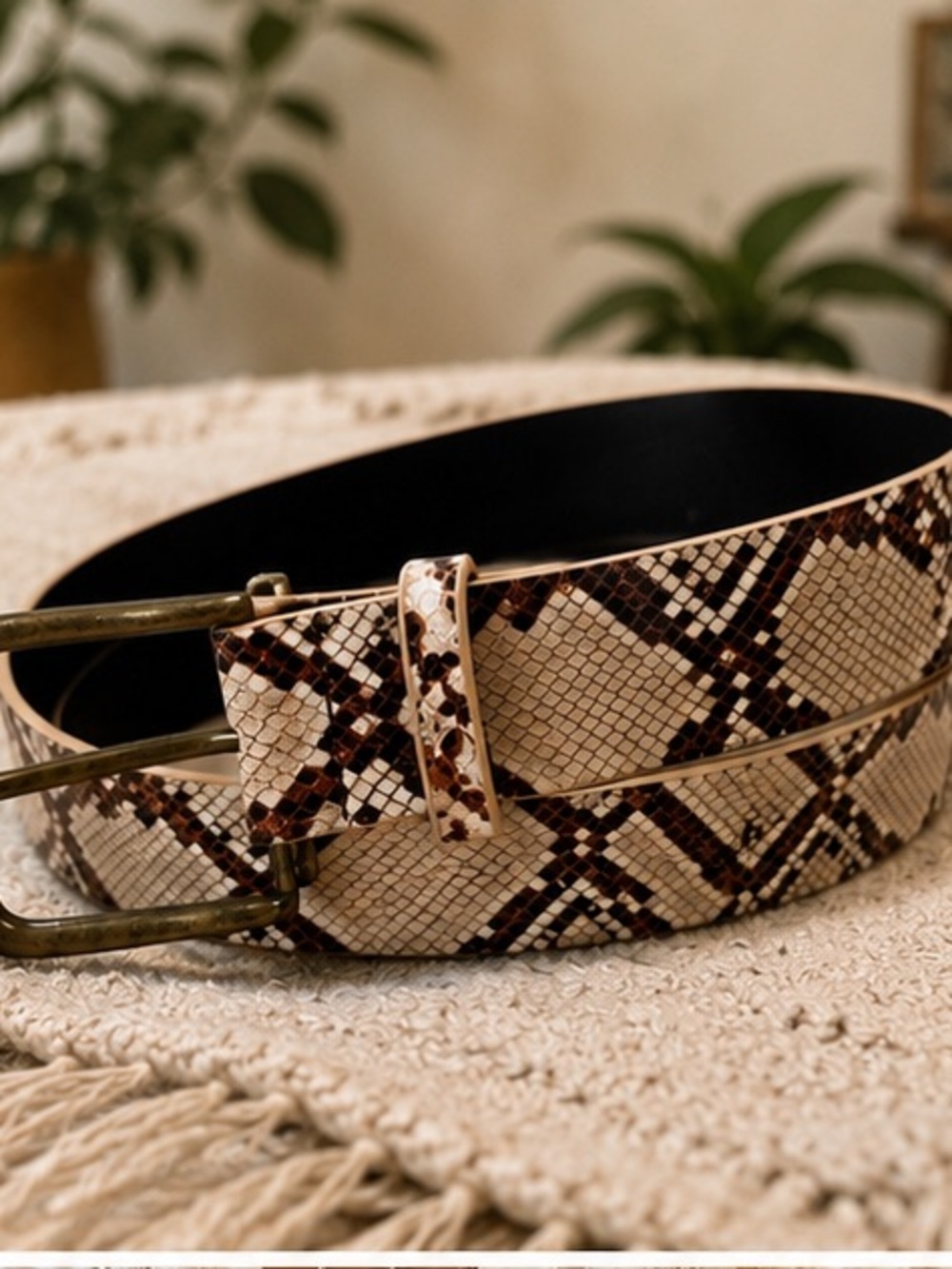 NWT Luxe Cream Snakeskin Print Faux Leather Belt Gold Buckle